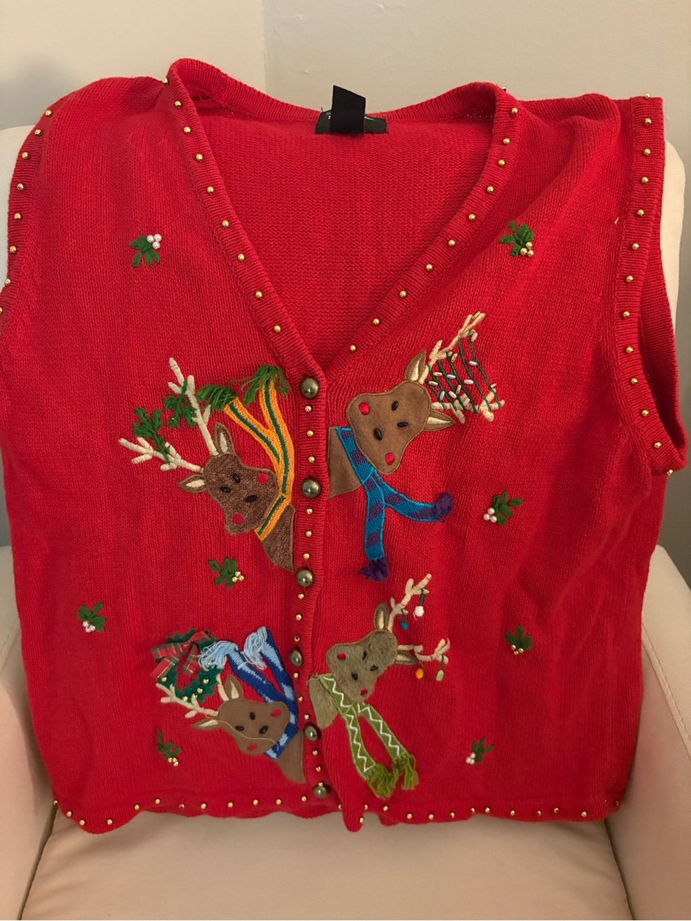 Designers Originals Red Embroidered Reindeer Holiday Sweater Vest